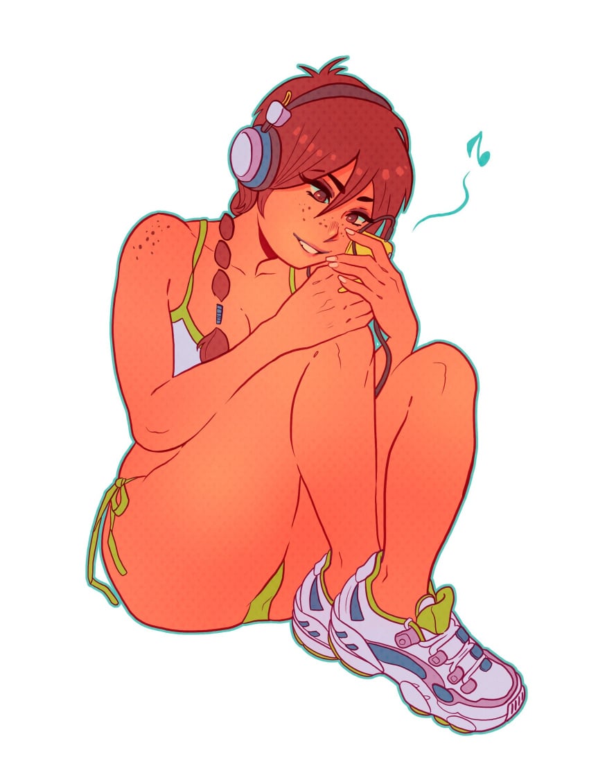 aubrey_(sea_legs) bikini braid braided_hair brown_eyes female freckles headphones music_player ndasfw red_hair red_hair sea_legs sitting sneakers tanned_female tanned_skin