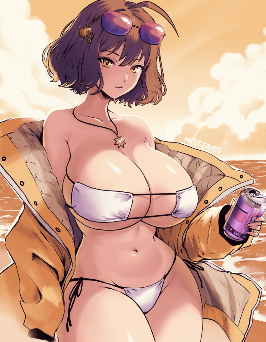 1girls alternate_breast_size alternate_costume anis_(nikke) anis_(sparkling_summer)_(nikke) bare_shoulders beach big_breasts brown_hair busty curvy curvy_female curvy_figure eyepatch_bikini female female_only goddess_of_victory:_nikke hourglass_figure jacket large_breasts light_skin light_skinned_female looking_at_viewer missfaves necklace official_alternate_costume short_hair side-tie_bikini slim_waist soda soda_can solo solo_female solo_focus sunglasses sunglasses_on_head thick_thighs thin_waist white_bikini yellow_eyes yellow_jacket