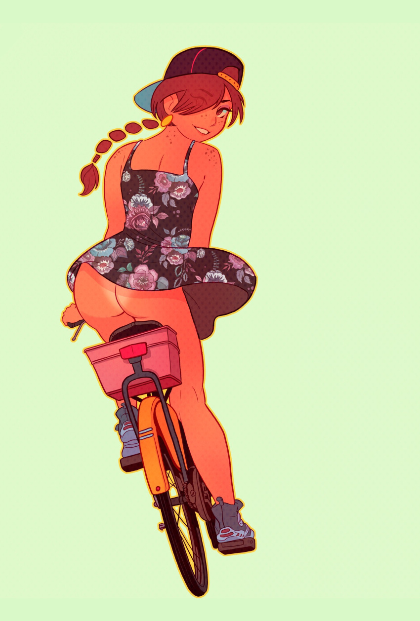 aubrey_(sea_legs) backwards_baseball_cap bicycle big_ass big_breasts bottomless bottomless_female braid braided_hair brown_eyes cap female flower_pattern hairy_pussy hat innie_pussy large_ass large_breasts looking_back looking_behind ndasfw no_panties red_hair riding_bicycle sea_legs shoes slim_waist sundress tanned_female tanned_skin voluptuous voluptuous_female wide_hips