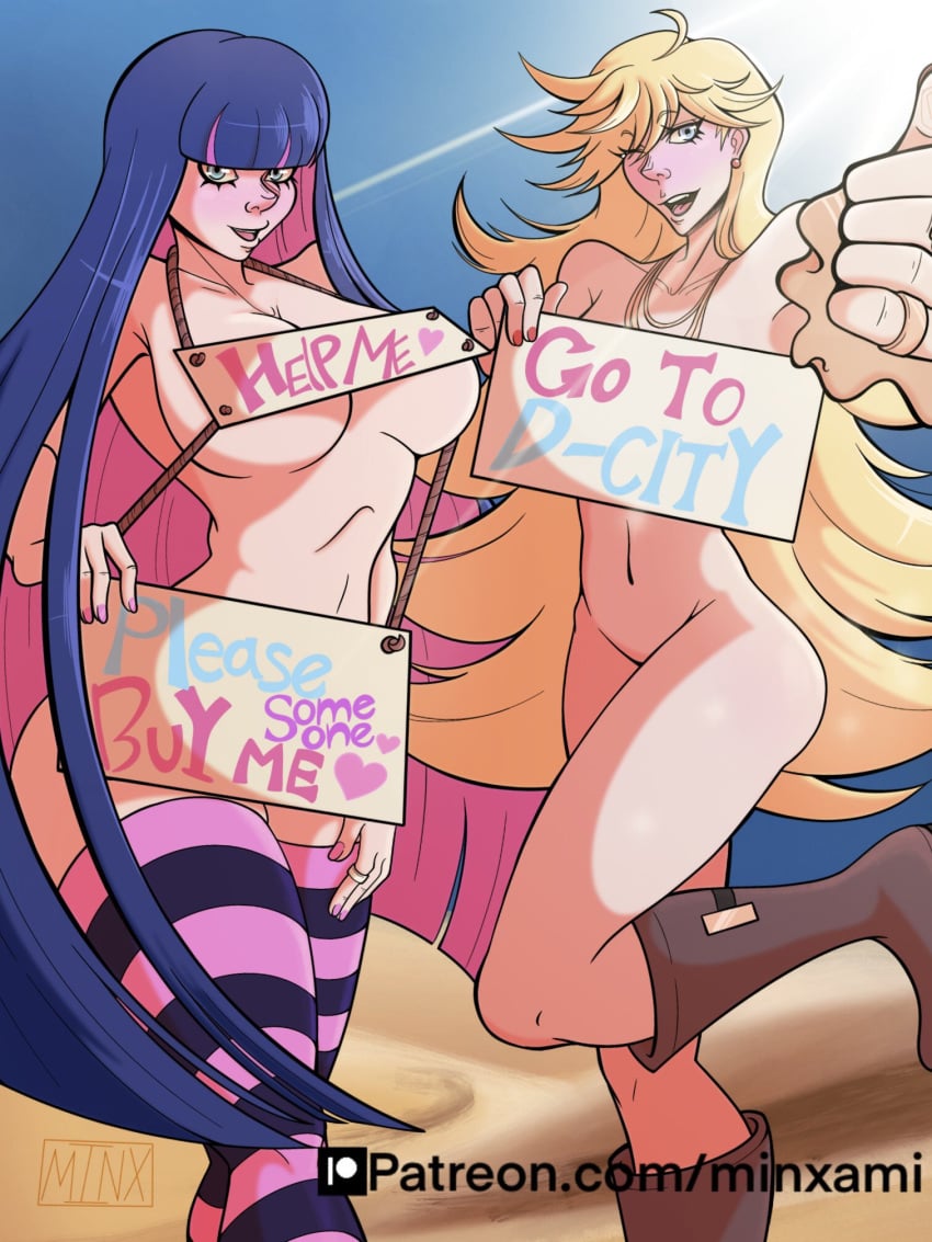 2girls big_breasts blonde_hair boots female female_focus female_only long_hair minxami multiple_girls nail_polish necklace nude nude_female panty_&_stocking_with_garterbelt panty_anarchy purple_hair sign signs stocking_anarchy text thick_thighs thighhighs thighs