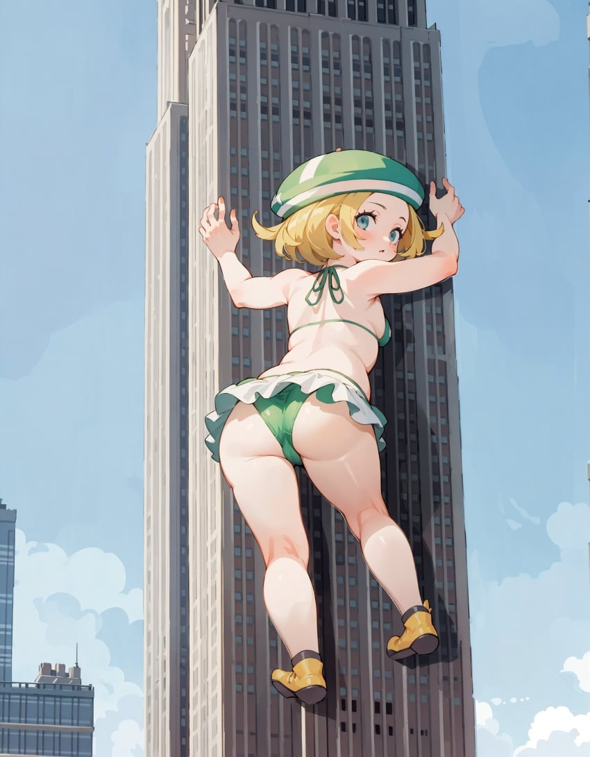 ai_generated bianca_(pokemon) bikini blonde_hair bonnet boots building buildings climbing empire_state_building giant giantess hat looking_at_viewer looking_back new_york new_york_city peeping pokemon pokemon_bw short_hair skirt tied_bikini tower wide_hips