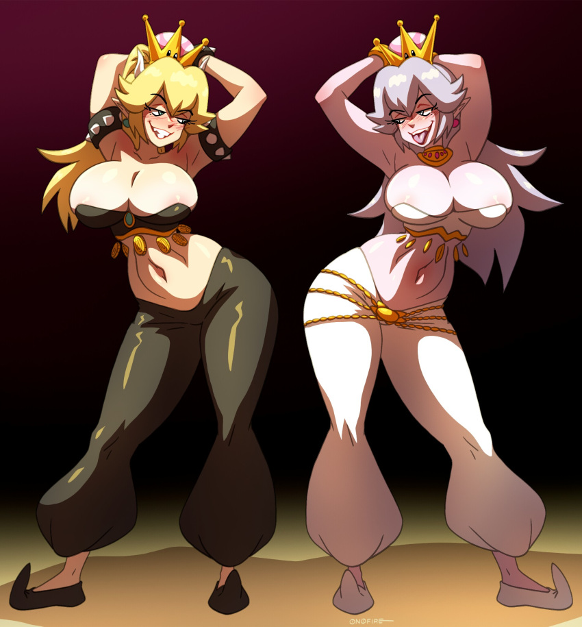 2girls bare_arms bare_midriff bare_shoulders belly_button belly_dancer belly_dancer_outfit belt big_breasts black_bracelet black_topwear blonde_hair boosette bowsette bracelet breasts cleavage clothing dancer dancer_class dancer_girl dancer_outfit female female_only full_body gold_bell gold_belt gold_jewelry harem harem_girl harem_girls harem_jewelry harem_outfit harem_pants inner_sideboob long_hair mario_(series) midriff multiple_girls navel new_super_mario_bros._u_deluxe ono-fire overboob pointy_shoes sideboob spiked_bracelet standing super_crown thick_thighs topwear white_hair white_topwear