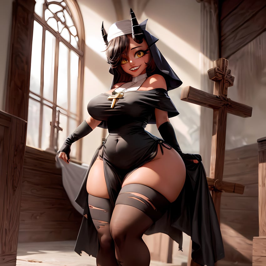 1girls ai_generated ass big_breasts black_clothing black_hair breasts cross demon demon_girl demon_horns female female_only hand_on_hip helluva_boss holy_cross horn horns huge_breasts huge_thighs humanoid legs light looking_at_viewer millie_(helluva_boss) nai_diffusion nun nun's_habit nun_outfit one_leg_forward red_body red_eyes red_skin religious religious_clothing religious_headwear religious_symbols short_hair smile solo solo_female stable_diffusion teeth thick_thighs thighs thin_waist torn_clothes yellow_sclera