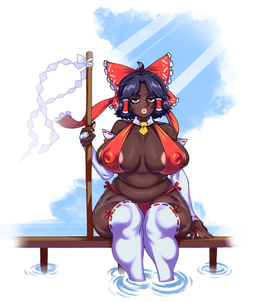 alternate_skin_color areola_slip black_skin dark-skinned_female dark_hair dark_skin gohei hakurei_reimu huge_nipples large_ass large_breasts reimu_hakurei ribbon sitting sky snacks_(artist) thick thick_ass thick_lips thick_thighs thighhighs touhou venus_body