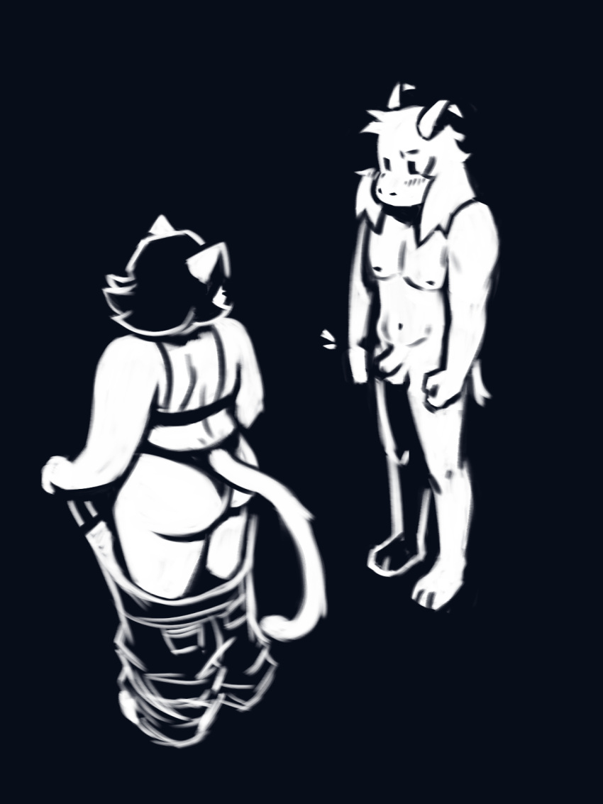 anthro asriel_dreemurr ass big_butt boss_monster bovid caprine catty_(undertale) chubby_female clothing deltarune dracozhilla duo embarrassed felid feline female genitals hi_res humanoid humiliation male male/female mammal monochrome penis penis_humiliation size_difference slightly_chubby small_penis small_penis_humiliation sph_(disambiguation) undertale undertale_(series) undressing