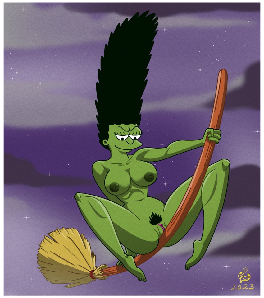 1girls big_breasts black_hair completely_nude completely_nude_female female female_focus female_only green_skin halloween long_hair marge_simpson mature_female milf mother pubic_hair the_simpsons tlajolote_(artist) treehouse_of_horror witch witch_broom