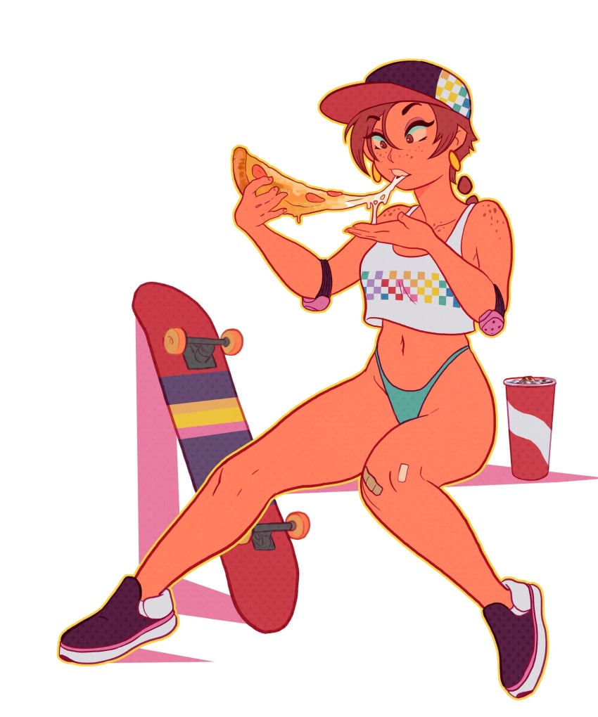 aubrey_(sea_legs) bandage bandaid bandaid_on_knee bare_legs bikini_bottom braid braided_hair cap crop_top cup drink earrings eating eating_pizza elbow_pads female hat ndasfw pizza red_hair red_hair sea_legs shoes skateboard tanned_female tanned_skin