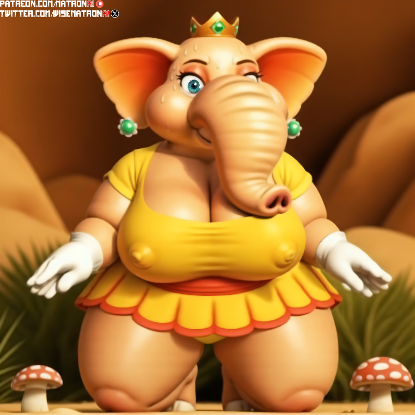 1girls 4k ai_generated anthro ass bbw belly big_ass big_belly butt_focus dress elephant elephant_daisy female female_only furry highres kneeling mario_(series) massive_ass massive_belly massive_thighs matronai_(artist) nintendo nipple_bulge nipples obese obese_anthro obese_female outdoors patreon patreon_username pinup princess princess_daisy sideboob solo ssbbw stable_diffusion super_mario_bros._wonder thick_legs thick_thighs twitter_username