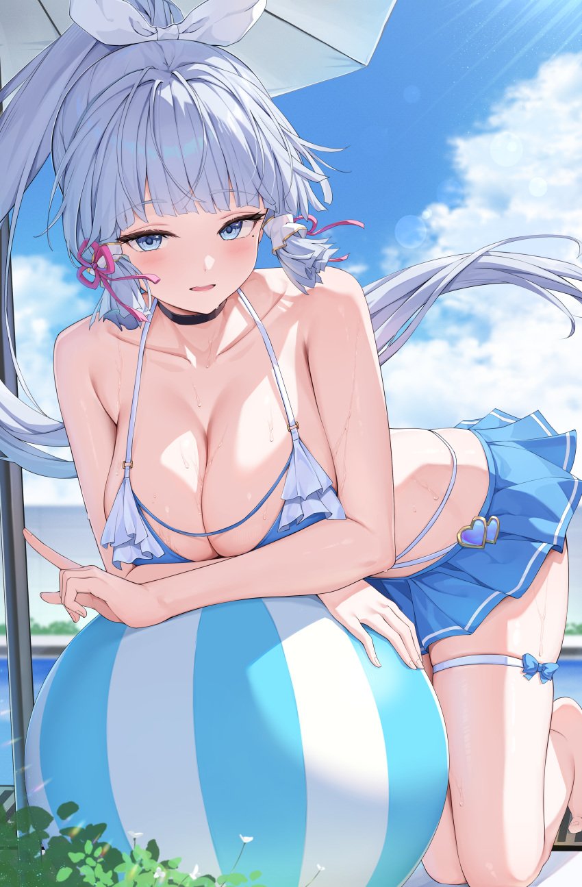 1girls aqua_eyes aqua_hair bare_shoulders beach_ball bent_over big_breasts bikini bikini_bottom bikini_top blush breast_press breasts chest cleavage collarbone female female_only frilled_bikini genshin_impact hair_ribbon half-closed_eyes highres huge_breasts kamisato_ayaka large_breasts leaning_forward light-skinned_female long_hair looking_at_viewer mole mole_under_eye open_mouth outdoors outside ponytail poolside rosumerii soft_breasts solo swimsuit talking thigh_strap thighs very_long_hair wet wet_skin