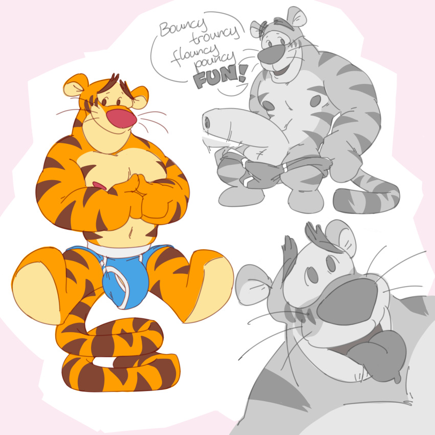 anthro balls bulge clothing disney felid foreskin genitals hi_res hikiganebousou humanoid_genitalia humanoid_penis male mammal pantherine penis tiger tigger tongue tongue_out underwear winnie_the_pooh_(franchise)