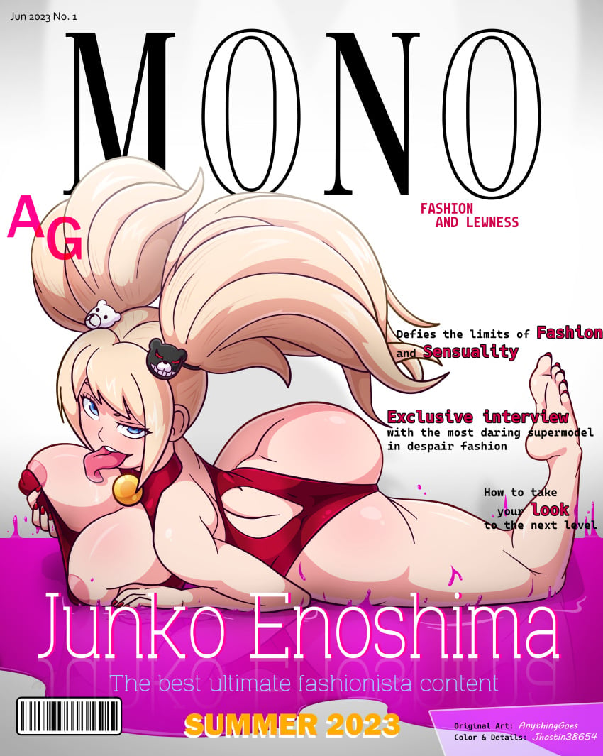 anime_style anythinggoes ass back back_view bikini blonde_hair blood blue_eyes breasts color colored colored_sketch danganronpa evil feet hair_clips jhostin38654 junko_enoshima looking_at_viewer magazine magazine_cover model model_pose modeling nail_polish nails nipples photo_shoot pink_blood puddle red_clothing red_nails studio swimsuit text tongue tongue_out twintails villain wet white_background yellow_hair