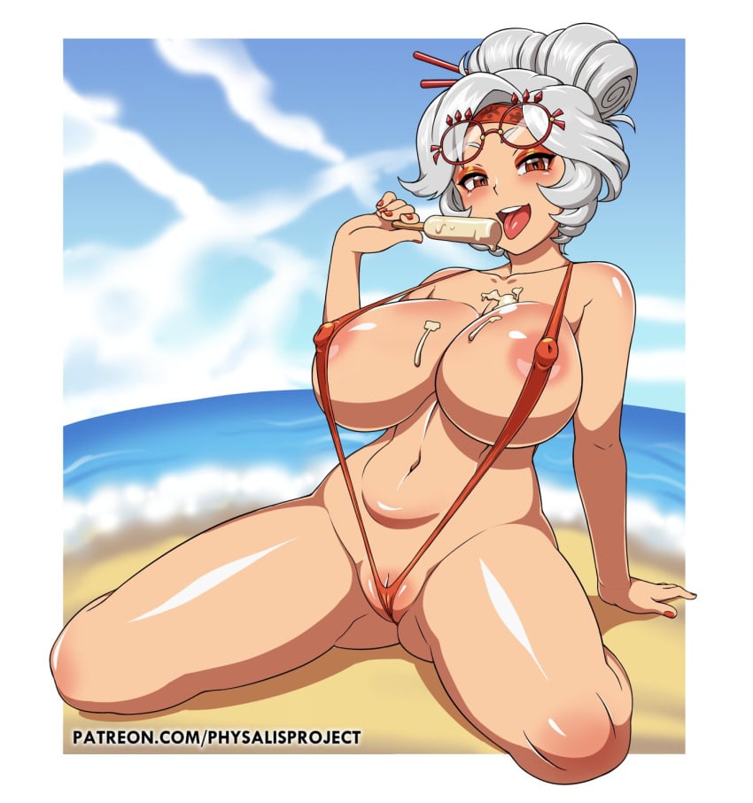 1girls areolae big_breasts blush creamygravy eyeshadow female glasses large_ass looking_at_viewer navel nintendo nipple_bulge nipples open_mouth popsicle popsicle_in_mouth popsicle_melting precarious_clothing purah purah_(tears_of_the_kingdom) pussy skimpy skimpy_swimwear slingshot_swimsuit swimsuit swimwear tears_of_the_kingdom the_legend_of_zelda thick_thighs thighs white_hair wide_hips