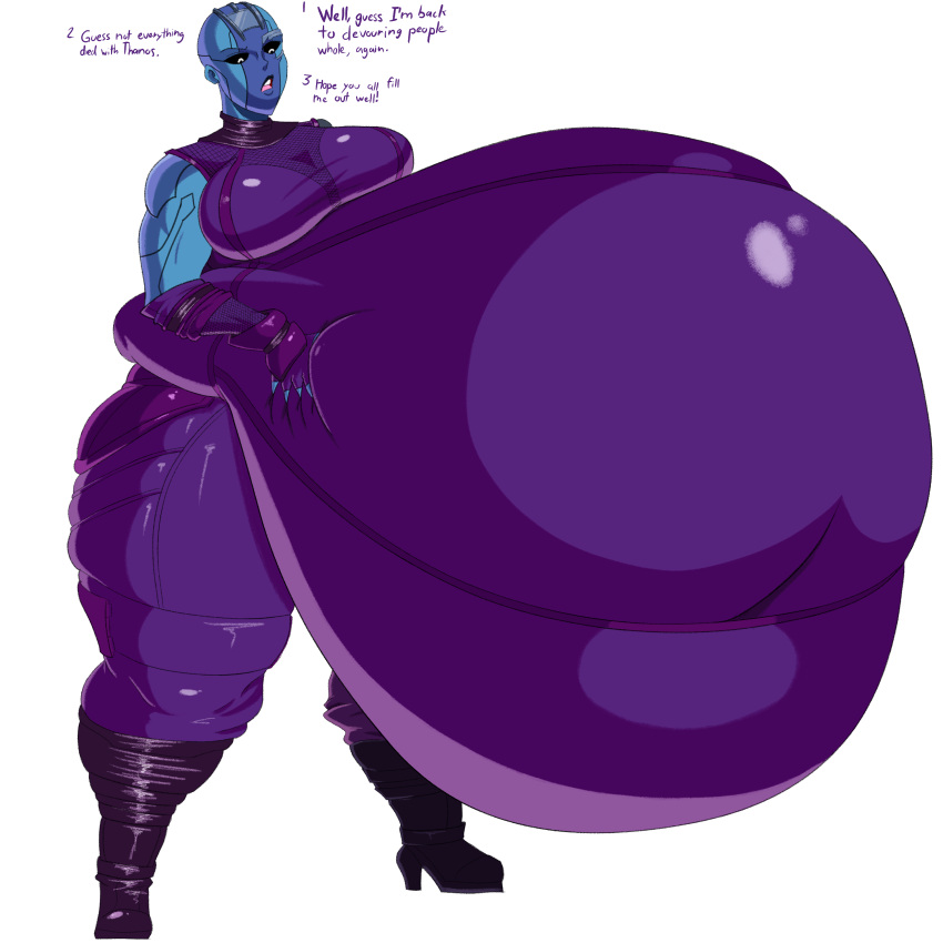 ambiguous_prey bald bald_woman belly belly_bulge big_belly big_belly_bulge big_breasts blue_body blue_skin breasts commission cyborg female female_pred guardians_of_the_galaxy hips looking_at_belly marvel marvel_cinematic_universe marvel_comics multiple_prey nebula_(marvel) notblacob oral_vore soft_vore talking_to_prey thick_thighs thighs vore vore_belly wide_hips