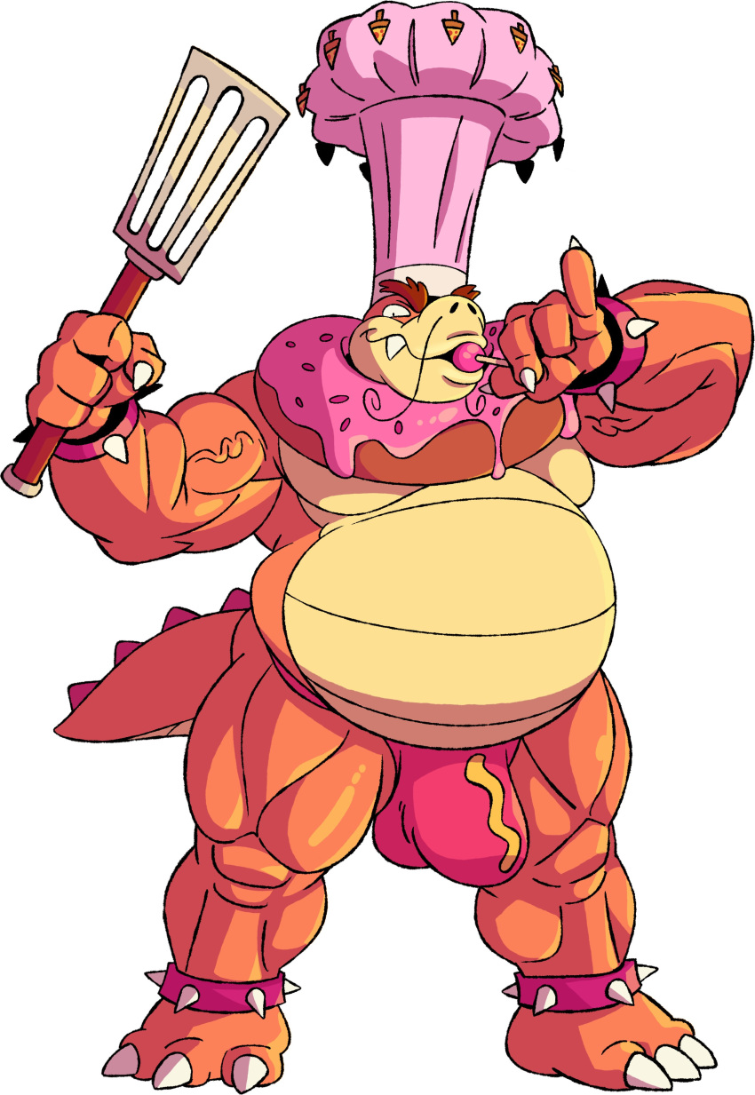 absurd_res anthro belly big_bulge bulge candy chef_hat clothing dessert food gula_(kings_of_hell) hat headgear headwear hi_res kings_of_hell lollipop male male_only musclegut muscular_arms muscular_legs pecs scalie solo spatula tderek99 thong tools underwear