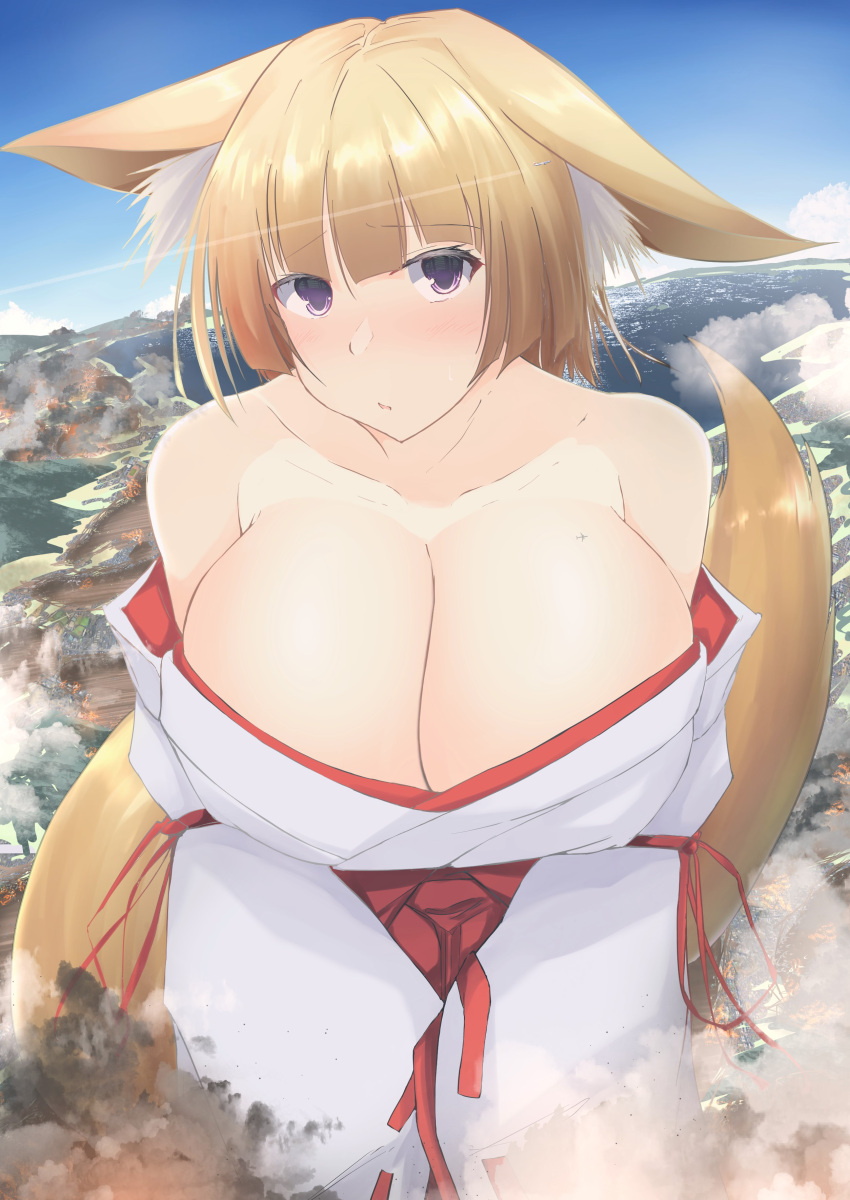 1girls airplane big_breasts blonde_female blonde_hair breasts cleavage destruction embarrassed female female_focus female_only fox_ears fox_girl fox_tail giantess giga_giantess land light-skinned_female light_skin ocean purple_eyes solo solo_female solo_focus 神代皐月