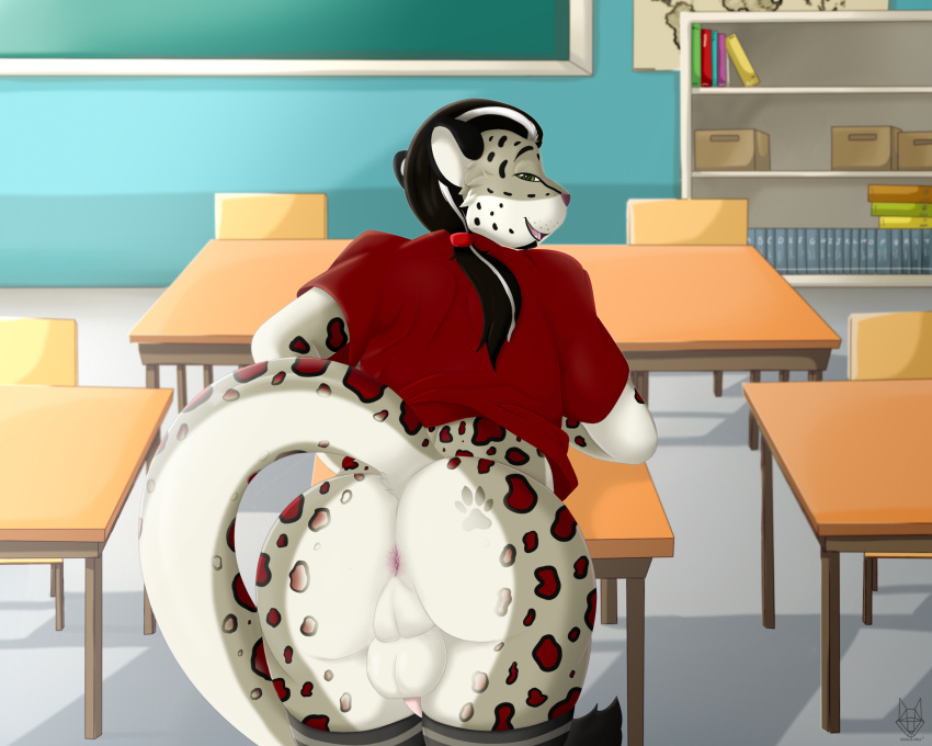 anthro anus ass balls classroom clothing felid genitals girly hi_res leg_warmers legwear male mammal pantherine pantsless perineum presenting presenting_anus presenting_hindquarters raised_tail school shirt shy snow_leopard solo tail topwear umbrose wolfschulte