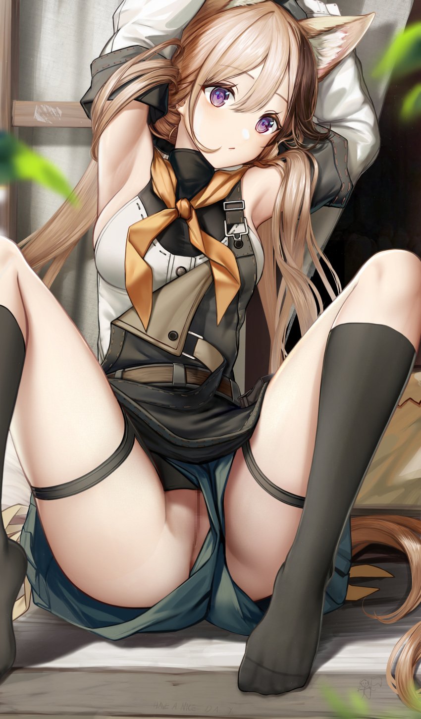 absurdres animal_ear_fluff animal_ears argyle argyle_legwear arknights armpits arms_up black_socks brown_hair cardigan_(arknights) cardigan_(sunny_day)_(arknights) censored closed_mouth detached_sleeves feet female foot_out_of_frame grey_shorts hair_between_eyes highres kneehighs knees_up legs long_hair long_sleeves looking_at_viewer mosaic_censoring multicolored_hair no_panties no_shoes nopetroto purple_eyes pussy pussy_juice revision shirt short_shorts shorts sleeveless sleeveless_shirt socks solo spread_legs streaked_hair tail thigh_strap toes upshorts very_long_hair white_shirt white_sleeves