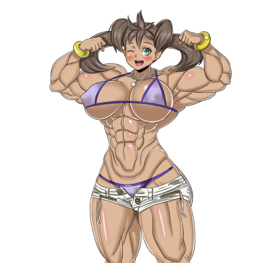 abs atz-zukin biceps big_breasts big_muscles bikini breasts female hair huge_breasts hyper_muscles large_breasts large_muscles muscles muscular muscular_arms muscular_female muscular_legs muscular_thighs one_eye_closed one_eye_open pokemon ponytails shauna_(pokemon) shorts