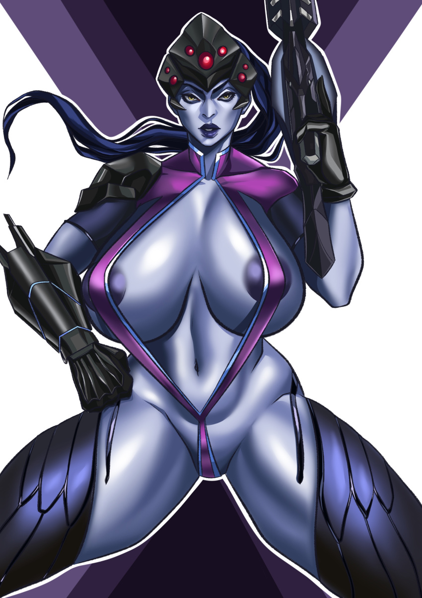 1girls areola areola_slip areolae areolae_slip barely_contained_breasts barely_covered big_breasts blue_hair breasts exposed_stomach female female_only gun large_breasts overwatch overwatch_2 palungpalang pink_sling_bikini pink_slingshot_swimsuit precarious_clothing purple_skin purple_sling_bikini purple_slingshot_swimsuit skimpy skimpy_clothes skimpy_outfit sling_bikini slingshot_swimsuit solo weapon widowmaker