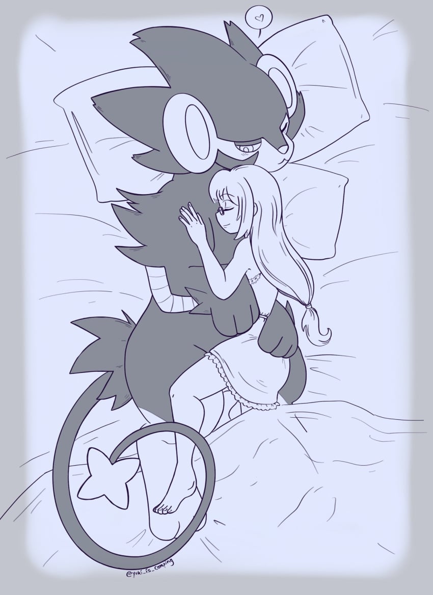 <3 1girls anthro clothed_female female feral_on_female larger_male luxray male_pokemon male_pokemon/female_human monochrome pokemon pokemon_(species) pokephilia sleeping tagme trainer_aliyah yuki_is_camping