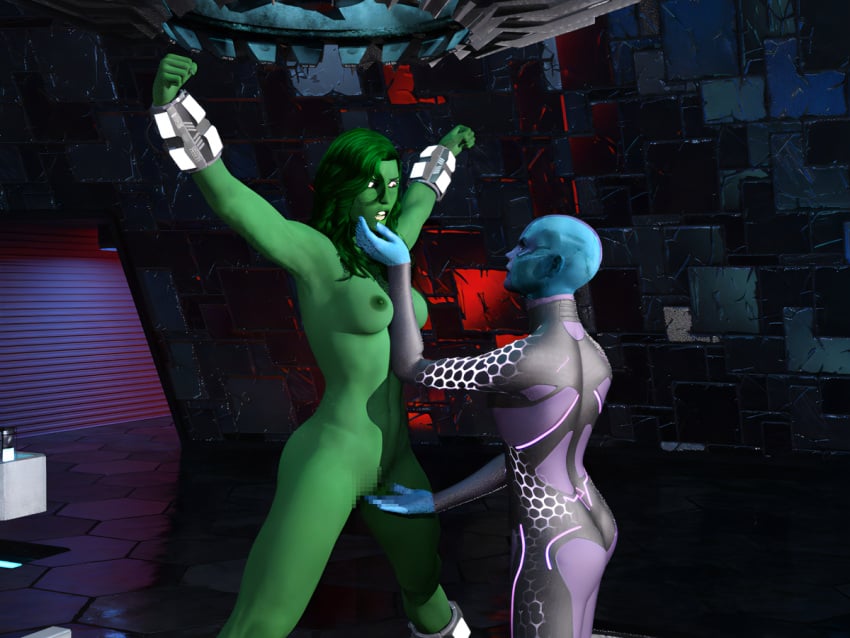 2girls 3d 3d_(artwork) alien alien_girl armpit armpits bald bald_female big_breasts blue-skinned_female blue_body blue_skin bondage breasts captured censored clothed_female_nude_female comic_book_character deerberrydaz domination domme female female_only femdom green-skinned_female green_body green_skin guardians_of_the_galaxy helpless hulk_(series) interspecies interspecies_rape lesbian lezdom marvel marvel_cinematic_universe marvel_comics mosaic_censoring nebula_(marvel) nipples nude_female restrained she-hulk stationary_restraints yuri