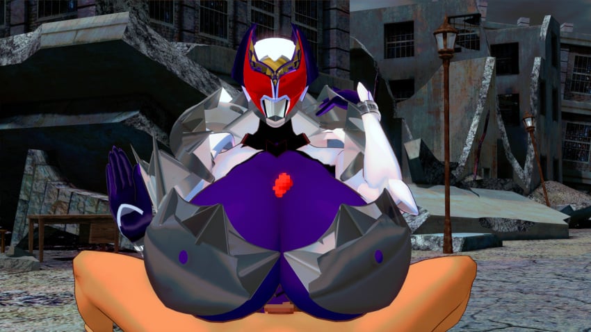 armor breasts destroyed_building destroyed_city female helmet hikari_natsumi kamen_rider kamen_rider_decade_(series) kamen_rider_kivala large_breasts paizuri