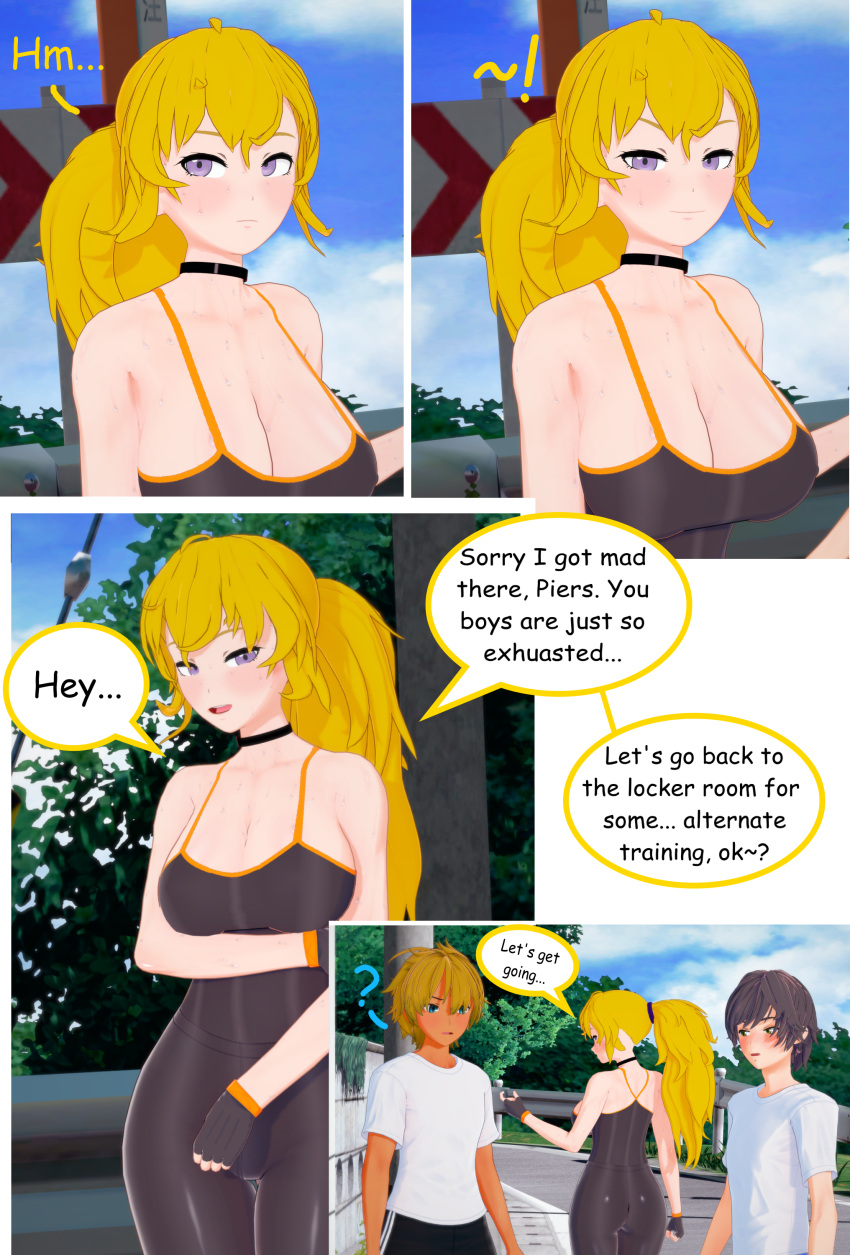 1girls 2boys 3d arrancon blonde_female blonde_hair hand_under_breasts idea purple_eyes rwby sweat tan_skin workout_clothes yang_xiao_long