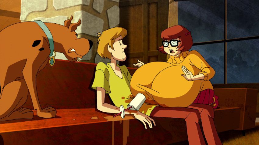 1boy 1girls accurate_art_style blonde_hair bow breasts brown_fur brown_hair canine cartoon_network collar dog_collar drink female female_focus glasses hairbow hanna-barbera hyper hyper_breasts large_breasts male scooby-doo scooby-doo_(character) screenshot_edit shaggy_rogers skirt soda soda_cup spilled_drink sweater turtleneck turtleneck_sweater velma_dinkley woot