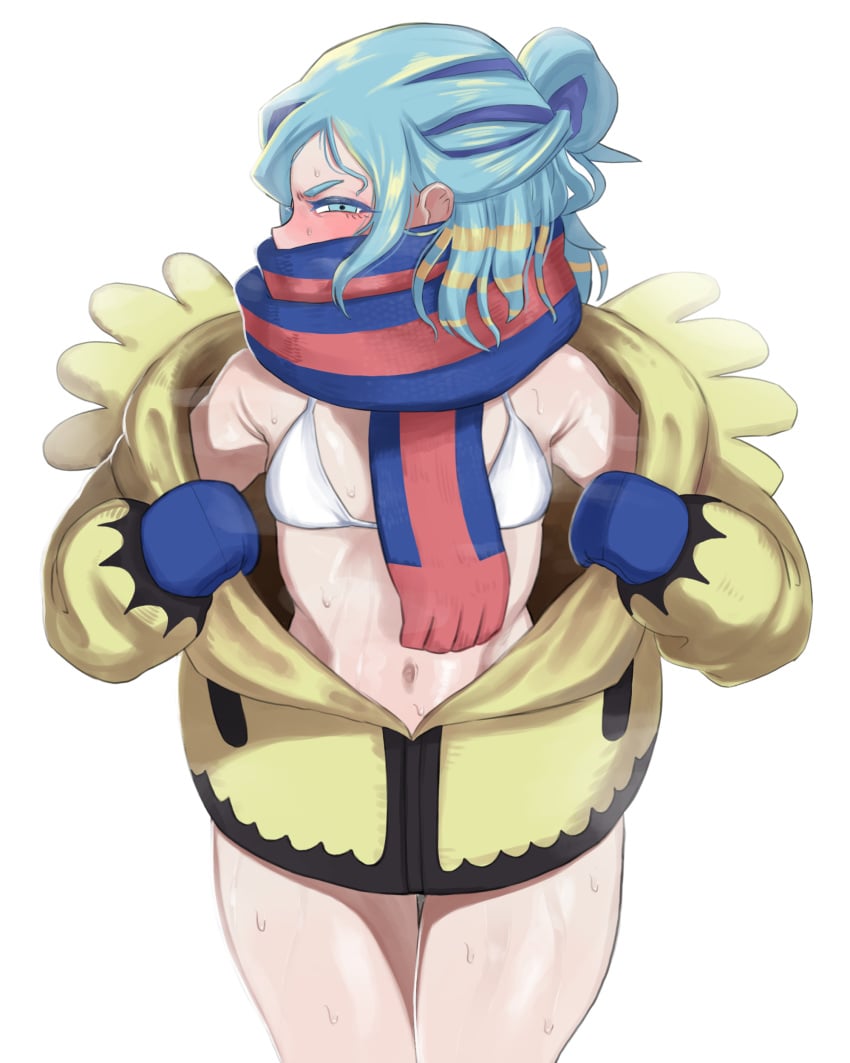 1boy 1femboy blue_eyes blue_hair blush embarrassed exhibitionism femboy grusha_(pokemon) male male_only otoko_no_ko pokemon pokemon_sv scarf solo sunsal sweat tagme