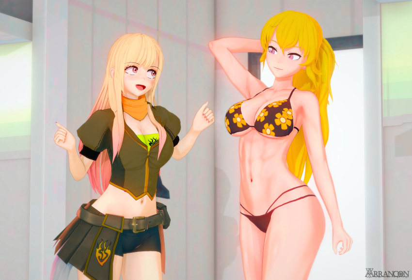 2girls 3d abs arrancon bikini bikini_bottom bikini_top blonde_female blonde_hair clothes_swap crossover female female_only gyaru hand_behind_head human kitagawa_marin koikatsu multiple_girls outfit_swap ponytail purple_eyes red_eyes rwby sono_bisque_doll_wa_koi_wo_suru switching yang_xiao_long