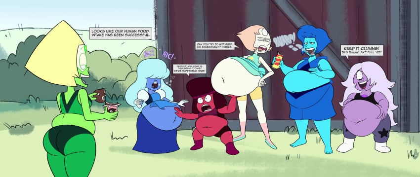 6girls amethyst_(steven_universe) big_belly blue_body blue_skin burp burp_bubbles burping cartoon_network cookie_cat_(steven_universe) fat fat_female gem_(species) gem_on_forehead gemstone hiccuping huge_belly lapis_lazuli_(steven_universe) long_hair pearl_(steven_universe) peridot_(steven_universe) purple_body purple_skin red_body red_skin ruby_(steven_universe) sapphire_(steven_universe) scobionicle99 steven_universe stuffing sweat weight_gain