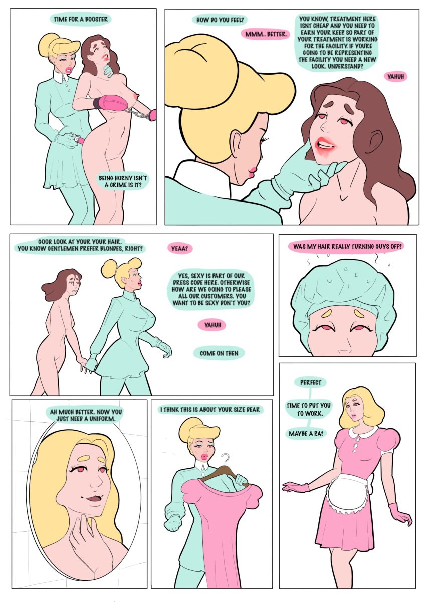 big_breasts bimbo bimbofication blonde_hair bondage brown_hair comic drugged drugs femdom femsub headphones lipstick manaomega nude pink_eyes resisting resisting_orgasm stepfordization text