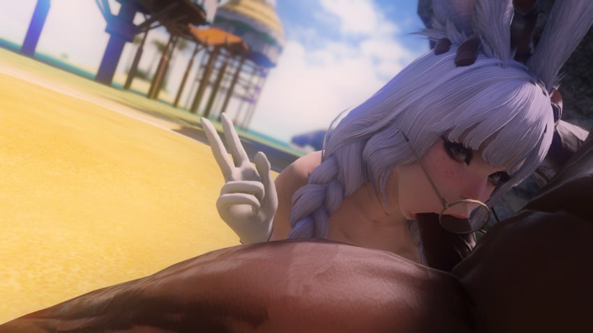 1boy 3d animal_ears big_breasts bimbo braid braided_hair braids choker dark-skinned_male dark_skin deep_blowjob deepthroat dominant_human dominant_male fellatio female final_fantasy final_fantasy_xiv fuck_me_pasties glasses gloves gpose(ffxiv) hand_on_head highlander honeybunxiv huge_breasts interracial large_breasts light-skinned_female light_skin oral oral_sex pasties petite silver_hair slim throat_barrier throat_fuck throat_penetration v viera warrior_of_light_(final_fantasy_xiv)