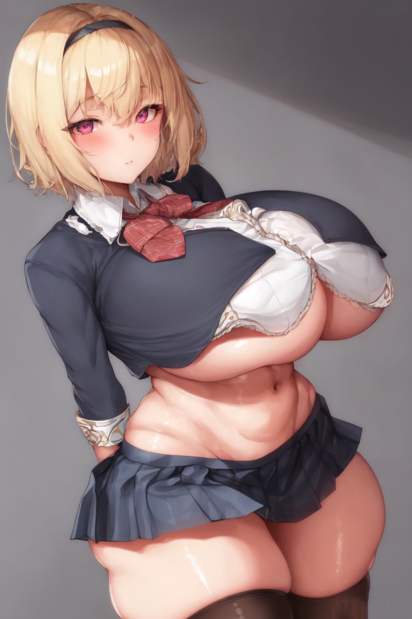 1girls ai_generated arms_behind_back blonde_hair clothes_too_small clothing collared_shirt cropped_jacket curvaceous curvy female hairband hips holaraai huge_ass huge_breasts looking_at_viewer midriff miniskirt navel original original_character school_uniform schoolgirl short_hair shy skirt solo solo_female standing stomach thick_thighs thighhighs tummy underboob undersized_clothes valentxne wide_hips zoey_(valentxne)