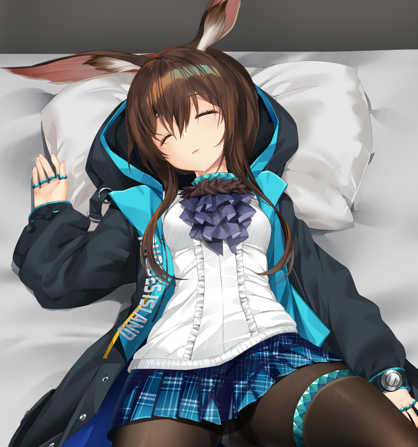 amiya_(arknights) animal_ears arknights ascot bed black_coat black_pantyhose closed_eyes defeated faint female full_body girl jewelry knocked_out light-skinned_female light_skin limp long_hair multiple_rings mvv neck_ring panties panties_under_pantyhose passed_out ponytail rabbit_ears ring sidelocks sleeping slightly_open_mouth solo somnophilia thighband_pantyhose unconscious underwear white_panties white_shirt