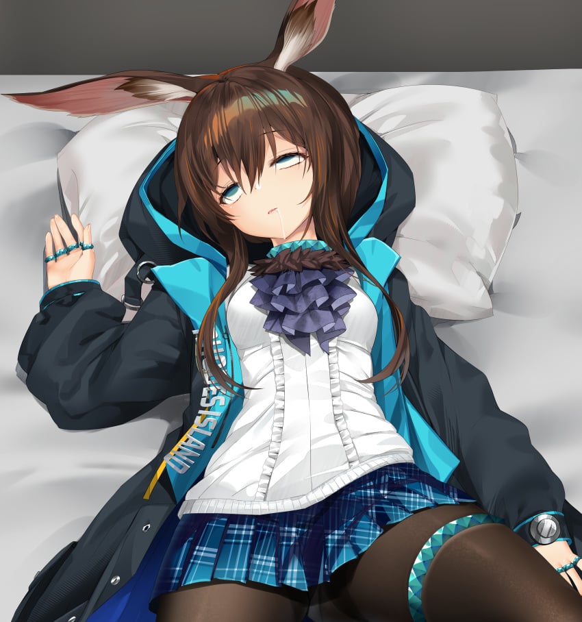 amiya_(arknights) animal_ears arknights ascot bed black_coat black_pantyhose defeated eyes_rolling_back faint female full_body girl jewelry knocked_out light-skinned_female light_skin limp long_hair multiple_rings mvv neck_ring panties panties_under_pantyhose passed_out ponytail rabbit_ears ring sidelocks sleeping slightly_open_mouth solo somnophilia thighband_pantyhose unconscious underwear white_panties