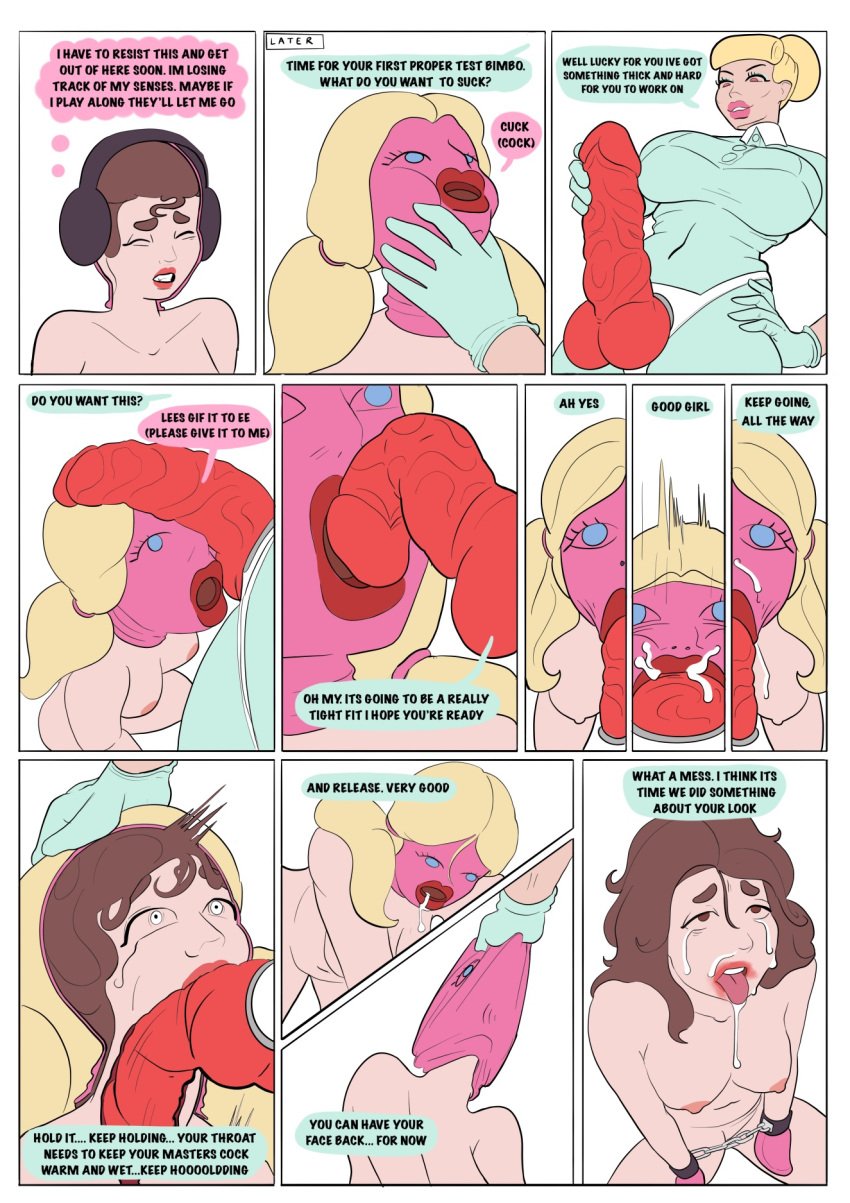 2girls big_breasts bimbo bimbofication blonde_hair bondage brown_hair comic dildo drugged drugs fellatio femdom femsub headphones hypnotic_music lipstick manaomega multiple_girls nude pink_eyes resisting resisting_orgasm strap-on text yuri