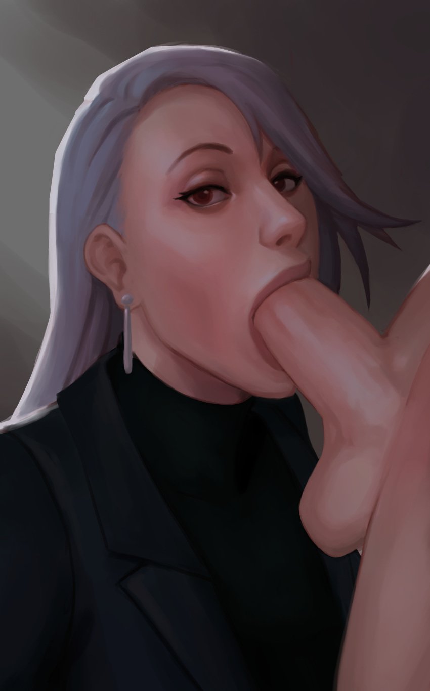 blowjob clothed clothed_female_nude_male fellatio funeralwind grey_hair looking_at_viewer partial_male persona persona_5 red_eyes sae_niijima