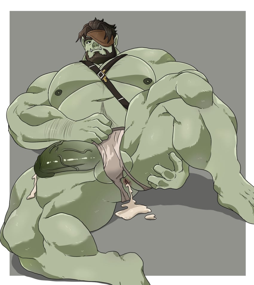 1boy after_anal after_sex anus ass bara beard belly chest_belt clothing_aside colored_skin commission cum cum_in_ass cumdrip da_ddy22 dadee dadee_(da_ddy22) eyepatch facial_hair final_fantasy final_fantasy_xiv from_behind girthy_penis green_skin hairy half-erect highres implied_yaoi jockstrap lying male_focus male_only male_underwear male_underwear_aside mature_male muscular muscular_male navel navel_hair nipples on_back orc penis roegadyn solo spread_anus spread_legs stomach strongman_waist thick_eyebrows thick_thighs thigh_grab thighs topless_male tusks uncensored underwear veins veiny_penis warrior_of_light_(ff14) white_male_underwear