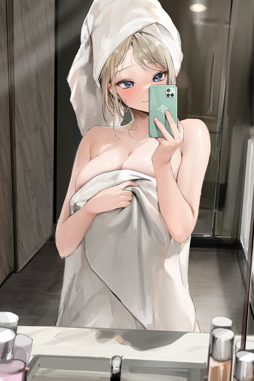 1girls 2023 absurd_res bare_arms bare_shoulders bathroom blonde_hair blue_eyes blush breast_squish breasts cleavage eyebrows_visible_through_hair female female_only highres holding_phone indoors large_breasts lillly looking_at_phone mirror nude_cover original phone reflection selfie sink smartphone smile solo standing towel towel_on_head towel_only