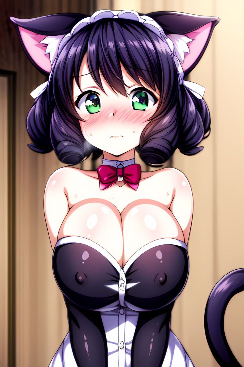 1girls ai_generated big_breasts blush bowtie breasts cat_ears cat_maid cat_tail catgirl cyan_(show_by_rock!!) cyan_hijirikawa drill_hair gloves green_eyes half_naked huge_breasts long_gloves maid maid_headdress maid_uniform nekomimi pink_bowtie rosenly sanrio shiny shiny_breasts shiny_hair show_by_rock!! shy tail visible_nipples visible_through_clothes