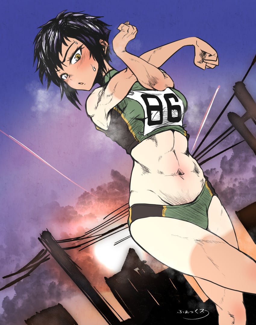 1girls abs amber_eyes black_hair blush buruma fit_female fox_udon hip_bones long_bangs muscle_girl navel pelvic_line running short_hair short_hair_female sports_bra sportswear stretching sweat tanlines tomboy toned toned_female track_and_field