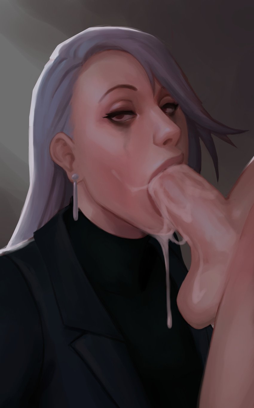 blowjob clothed clothed_female_nude_male cum cum_drip cum_in_mouth cum_on_face fellatio funeralwind grey_hair lidded_eyes looking_at_viewer partial_male persona persona_5 red_eyes ruined_makeup runny_makeup sae_niijima