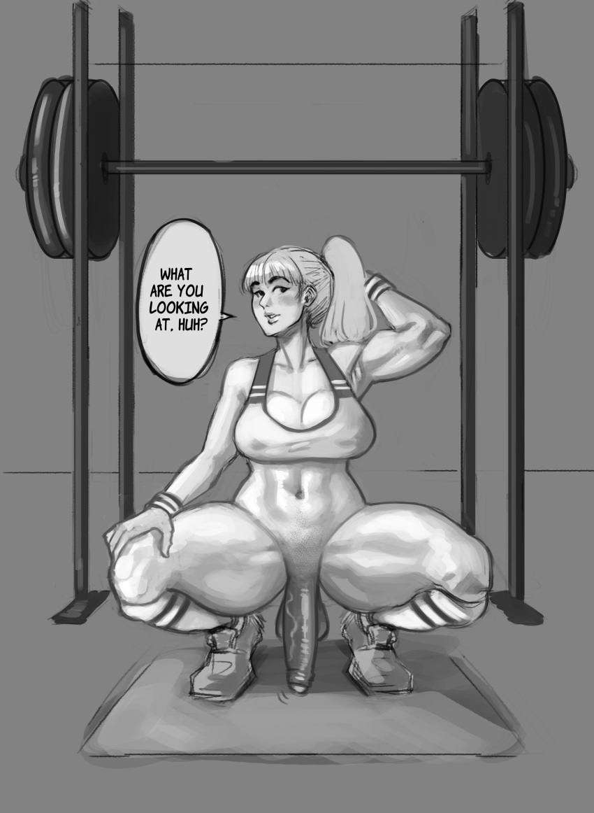 1futa 2023 alternate_version_at_source balls big_penis blonde_hair bottomless breasts clothed clothing dialogue english_text flaccid foreskin futa_only futanari greyscale human long_hair mianno monochrome partially_clothed penis ponytail solo squatting text