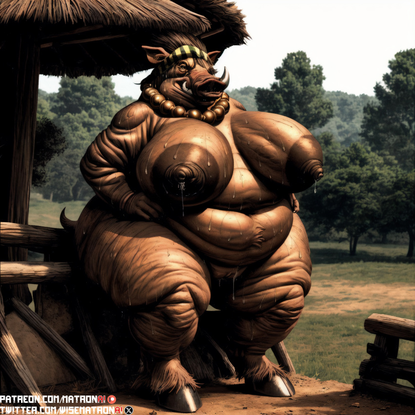 4k ai_generated anthro areola areolae bbw belly big_belly big_breasts breasts cellulite female female_only furry gharta highres hooves large_breasts mammal mammal_humanoid massive_breasts massive_thighs matronai_(artist) obese obese_anthro obese_female patreon patreon_username pinup pussy pussy_juice ssbbw stable_diffusion sweat sweating the_autumnlands twitter_username warthog witch