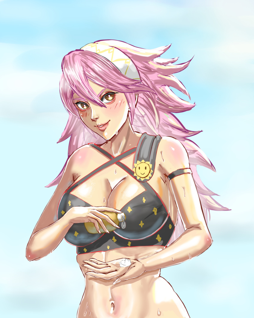 1girls alboeire alternate_costume bikini black_bikini black_swimsuit breasts cleavage female female_only fire_emblem fire_emblem_fates hair_between_eyes inviting large_breasts long_hair looking_at_viewer nintendo pink_hair smile soleil_(fire_emblem) solo sunscreen sweat swimsuit upper_body yellow_eyes