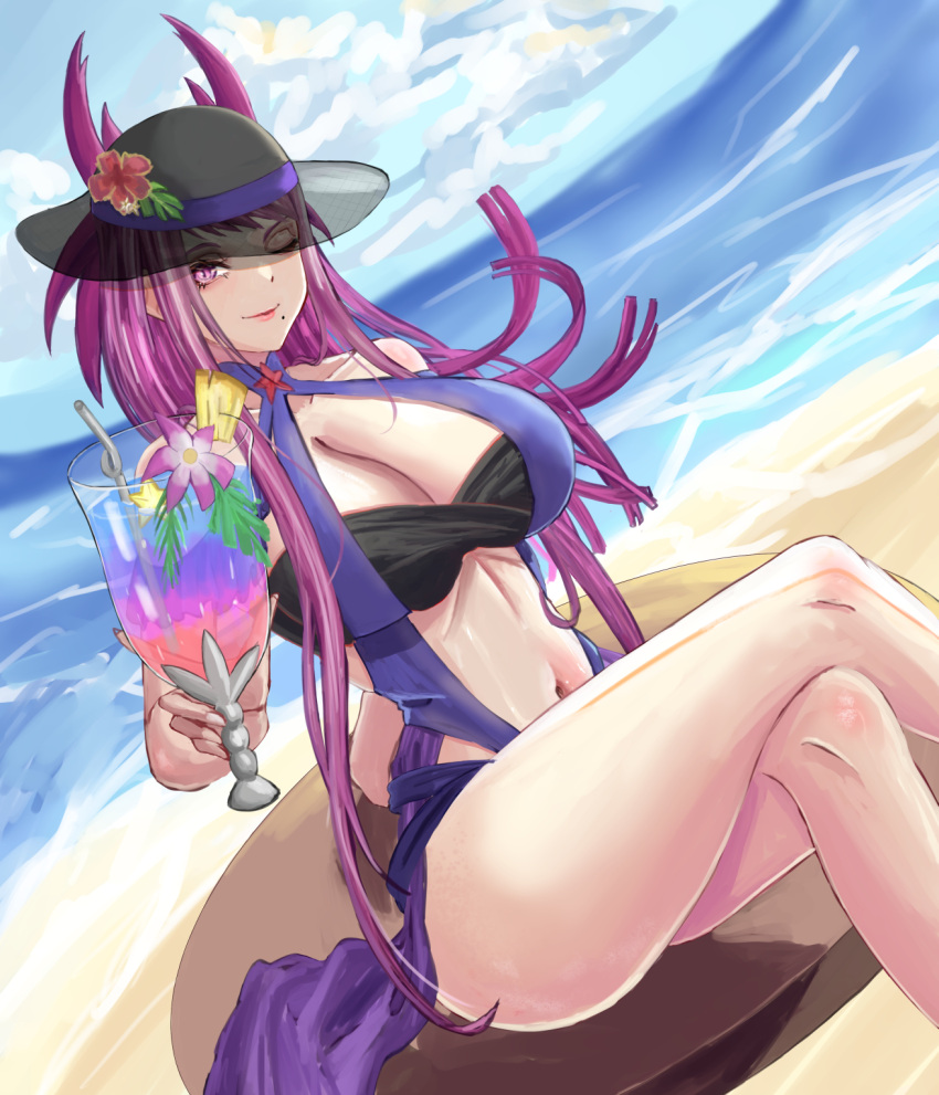 ;) alboeire alternate_costume bare_legs beach beauty_mark blue_one-piece_swimsuit blue_swimsuit breasts crossed_legs drink fire_emblem fire_emblem_engage fire_emblem_heroes hat holding holding_object ivy_(fire_emblem) ivy_(summer)_(fire_emblem) large_breasts legs long_hair looking_at_viewer mole mole_under_mouth nintendo ocean official_alternate_costume one-piece_swimsuit one_eye_closed outdoors pink_eyes purple_hair see-through sitting smile sun_hat very_long_hair wink