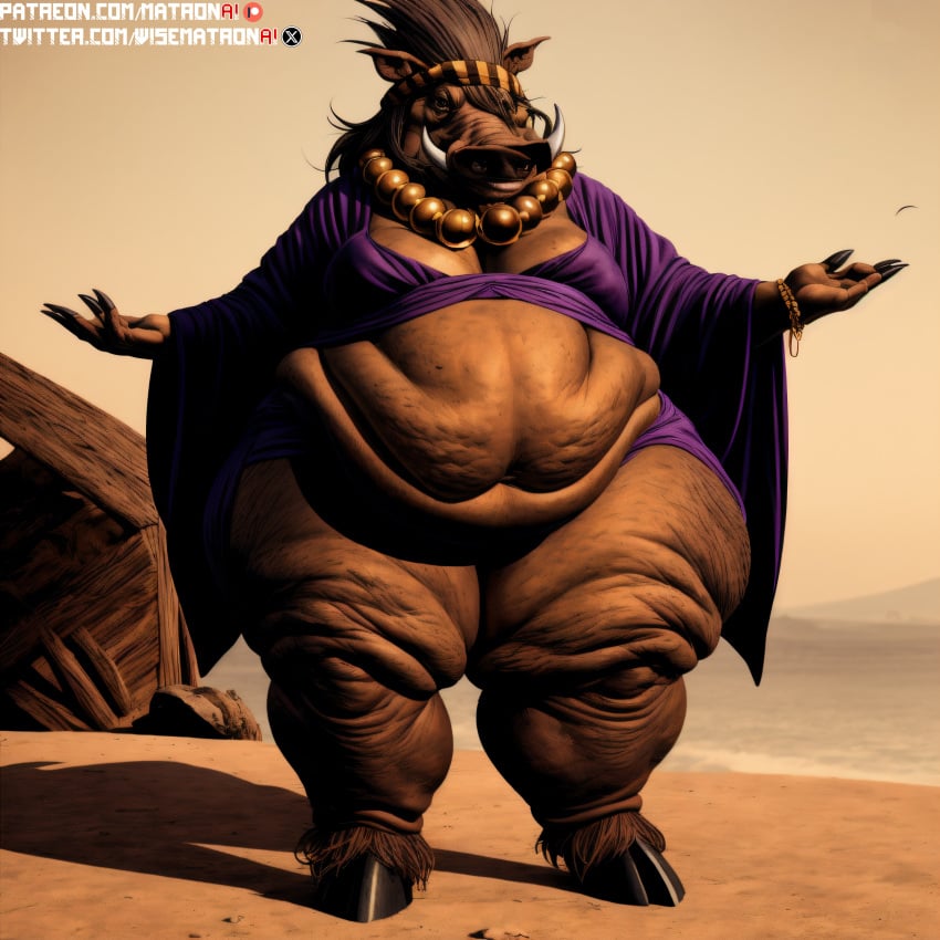 4k ai_generated anthro areola areolae bbw belly big_belly big_breasts breasts cellulite female female_only furry gharta highres hooves large_breasts mammal mammal_humanoid massive_belly massive_breasts massive_thighs matronai_(artist) obese obese_anthro obese_female patreon patreon_username pinup ssbbw stable_diffusion the_autumnlands twitter_username warthog witch