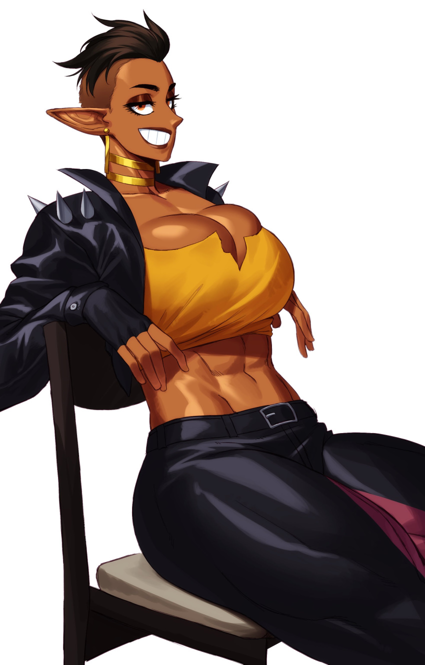 1girls big_breasts black_hair commission dark-skinned_female dark_elf dark_skin elf elf_ears elf_female eyelashes female female_only fingerless_gloves fit fit_female jacket leaning_on_chair looking_at_viewer muscular_thighs narrowed_eyes orange_eyes shaved_side short_hair sitting smiling smiling_at_viewer solo sotcho teeth_showing topwear very_high_resolution white_background