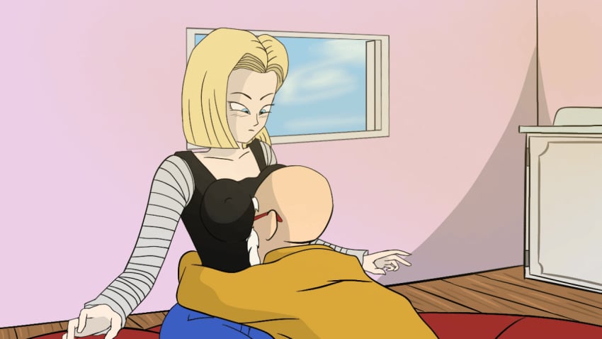 1boy 1girls 2020 age_difference android_18 animated animated annoyed blonde_hair blue_eyes breast_grab breast_squeeze breasts chuchozepa clothed clothing dragon_ball dragon_ball_z earrings female large_breasts male master_roshi motorboating old_man pov shirt short_hair straight